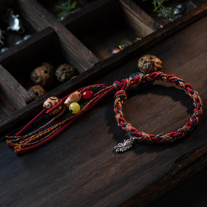 Buddha Stones Tybetańskie Ręcznie Robione Kolorowe Nici 925 Srebro Sterling Ochrona Ryb Koi Siła Bransoletka Sznurkowa