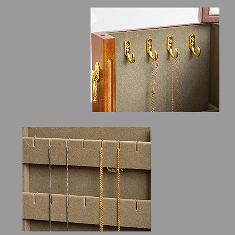 Buddha Stones Vintage Duża Pojemność Drewniane Pudełko na Biżuterię Pudełko Do Przechowywania Biżuterii Z Lustrem