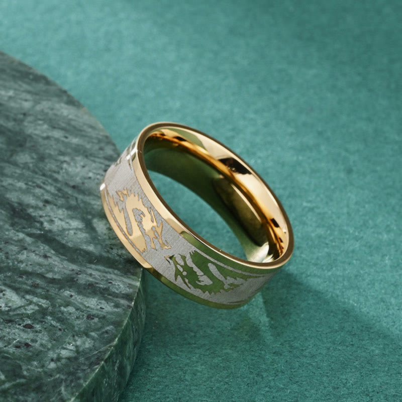 Buddha Stones Smok Rzeźbiony Ochrona Siła Pierścień ze Stali Tytanowej