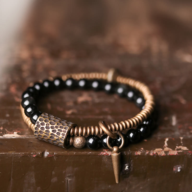 Bransoletka dwuwarstwowa z Buddha Stones, tęczowym obsydianem i miedzią, wewnętrzny spokój i uzdrawianie