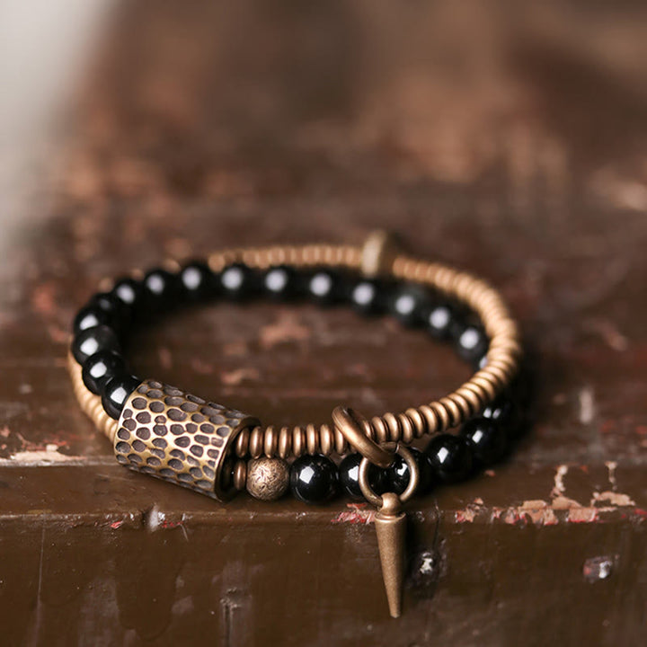 Bransoletka dwuwarstwowa z Buddha Stones, tęczowym obsydianem i miedzią, wewnętrzny spokój i uzdrawianie