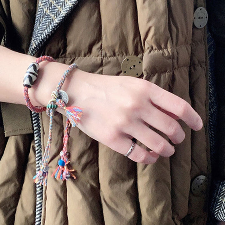 Bransoletka Om Mani Padme Hum z koralików Tybetańskich 925 Sterling Silver, ręcznie robiona Dzi Bead Protection Braid