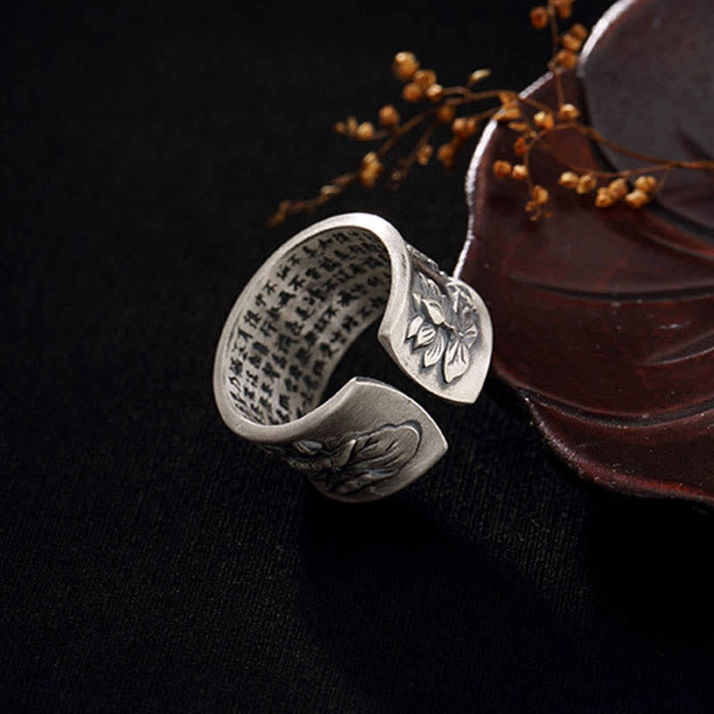 Buddha Stones 999 Srebro Sterlingowe Szczęście Koi Ryba Lotos Serce Sutra Pierścień Bogactwa