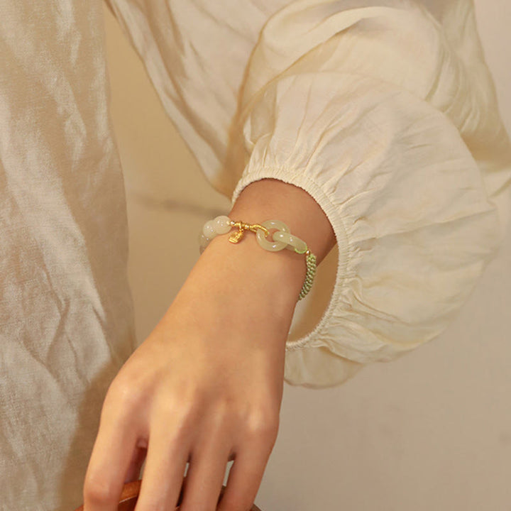 Buddha Stones Naturalne Koraliki Jadeitu Hetian Podwójna Klamra Pokoju Fu Charakter Obfitości Bransoletka Pleciona