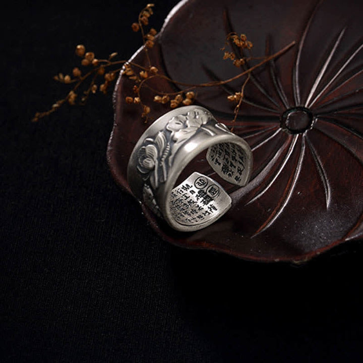 Buddha Stones 999 Srebro Sterlingowe Szczęście Koi Ryba Lotos Serce Sutra Pierścień Bogactwa