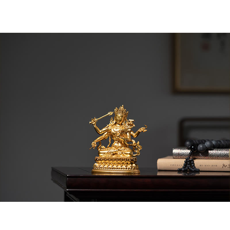 Czteroramienna figurka Mandziuśri Bodhisattwy Złota Figurka Współczucia Spokoju Miedziana Statuetka Dekoracja Domu