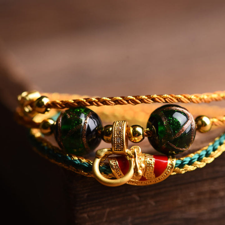 Buddha Stones Tybetańskie Ręcznie Robione Liny Liuli Szklane Koraliki Pleciona Wielowarstwowa Bransoletka Uzdrawiająca