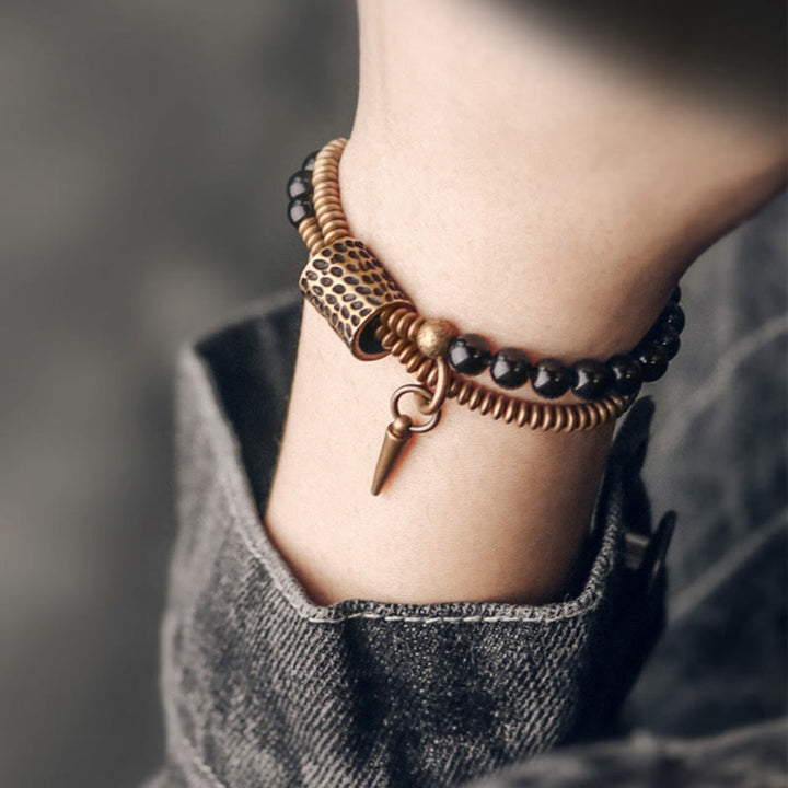 Bransoletka dwuwarstwowa z Buddha Stones, tęczowym obsydianem i miedzią, wewnętrzny spokój i uzdrawianie