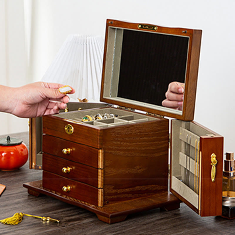 Buddha Stones Vintage Duża Pojemność Drewniane Pudełko na Biżuterię Pudełko Do Przechowywania Biżuterii Z Lustrem