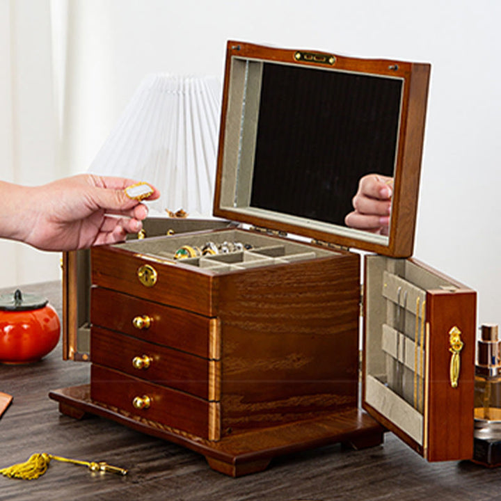 Buddha Stones Vintage Duża Pojemność Drewniane Pudełko na Biżuterię Pudełko Do Przechowywania Biżuterii Z Lustrem