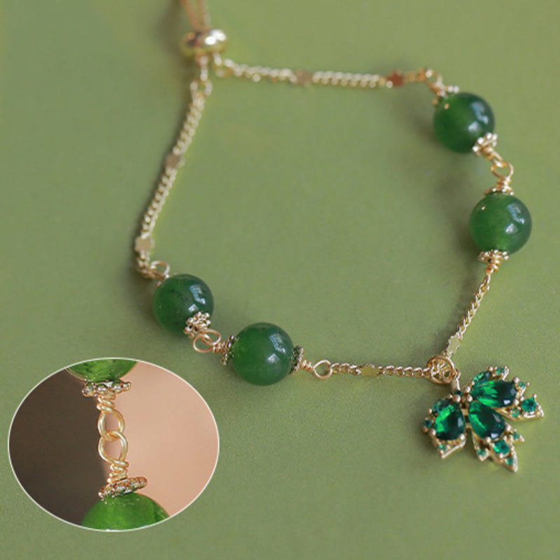Bransoletka Buddha Stones 14k Gold Plated Green Chalcedon Maple Leaf Courage Strength