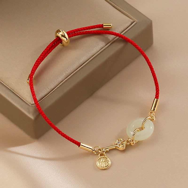 Buddha Stones 18K pozłacane Hetian Jade Peace Buckle Fu Character Luck Red Rope Bracelet