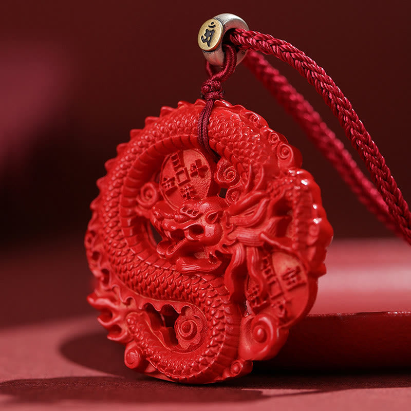 Buddha Stones Rok Smoka 925 Srebro Sterling Naturalny Cynober Miedziana Moneta Naszyjnik Szczęścia Wisiorek