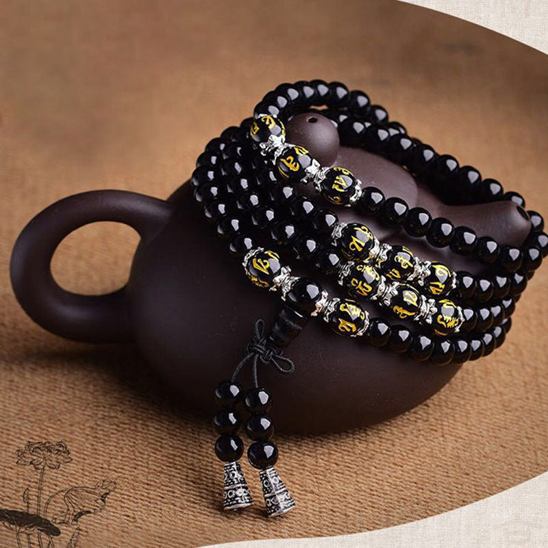 Bransoletka Mala z Buddha Stones Czarny Obsydian Sześć Prawdziwych Słów Ochronnych