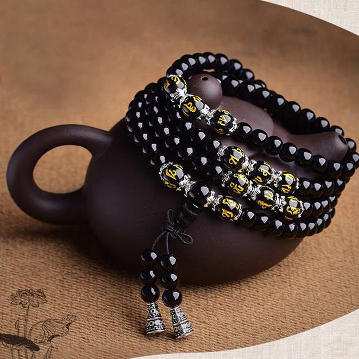 Bransoletka Mala z Buddha Stones Czarny Obsydian Sześć Prawdziwych Słów Ochronnych