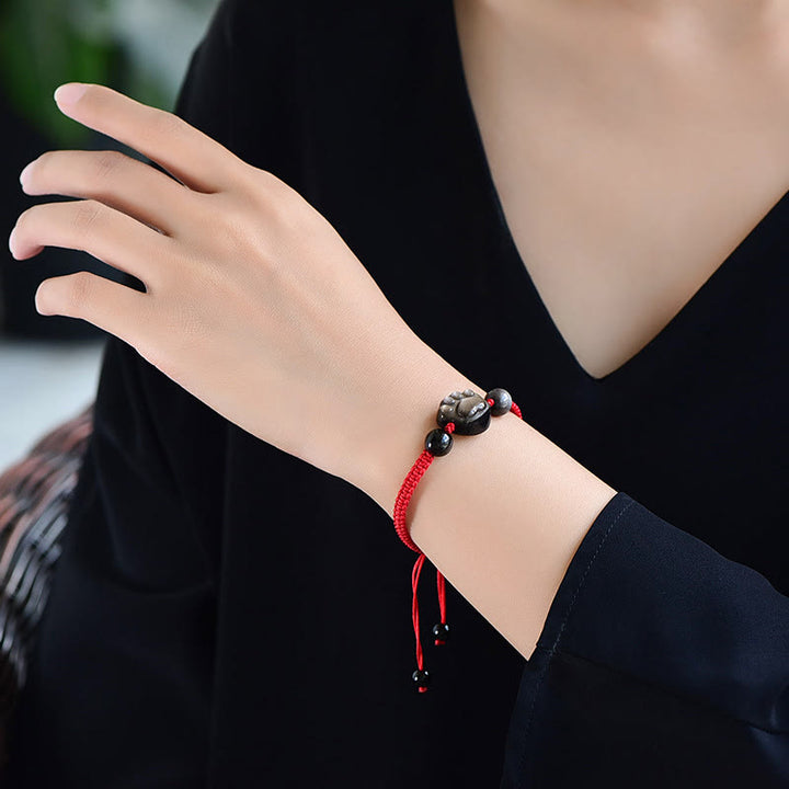 Buddha Stones Naturalny Srebrny Połysk Obsydian Złoty Połysk Obsydian Uroczy Koci Łapka Ochrona Pazurów Bransoletka Lina - image 4