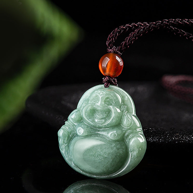 Buddha Stones Śmiejący się Budda Cyjan Jade Naszyjnik Sukcesu Wisiorek Sznurkowy - image 2