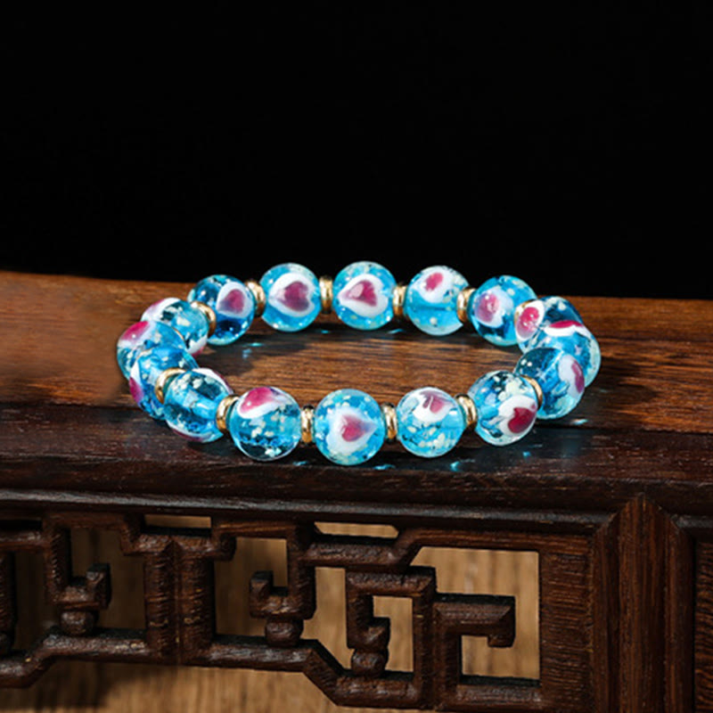 Buddha Stones Złote Połykające Bestie Rodzina Różowe Serce Miłości Świecące Fluorescencyjne Bransoletka z Koralików Szklanych Liuli