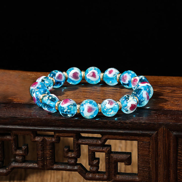 Buddha Stones Złote Połykające Bestie Rodzina Różowe Serce Miłości Świecące Fluorescencyjne Bransoletka z Koralików Szklanych Liuli