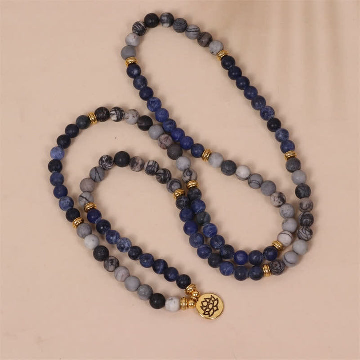 Buddha Stones 108 Mala Beads Sodalit Zebra Jasper Kryształ Lotus Strength Bransoletka