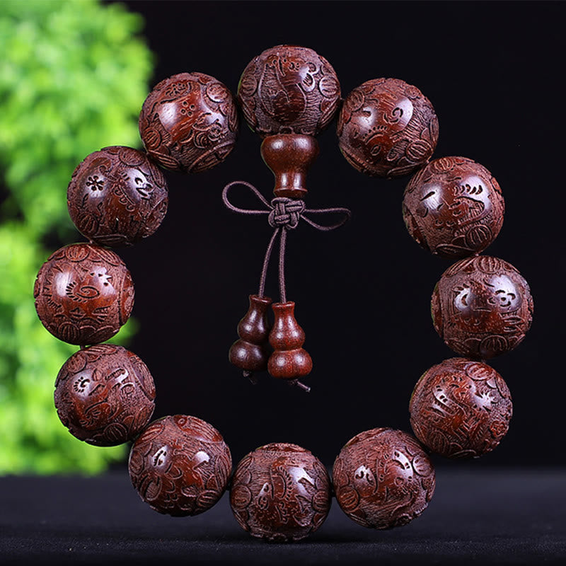 Buddha Stones Chiński Zodiak Palisander Ebony Miedź Moneta PiXiu Rzeźbiona Bransoletka Ciepło