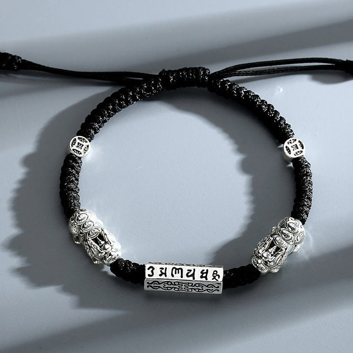 Buddha Stones Podwójna PiXiu Feng Shui Miedziana Moneta Om Mani Padme Hum Bransoletka Sznurkowa - Om Mani Padme Hum(Love♥Focus) (Obwód nadgarstka 14-20 cm) - image 0