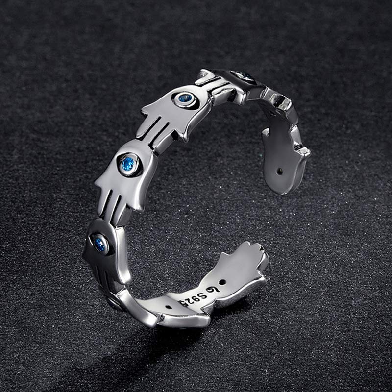 Buddha Stones 925 Srebro Sterling Symbol Hamsa Cyrkon Regulowany Pierścień