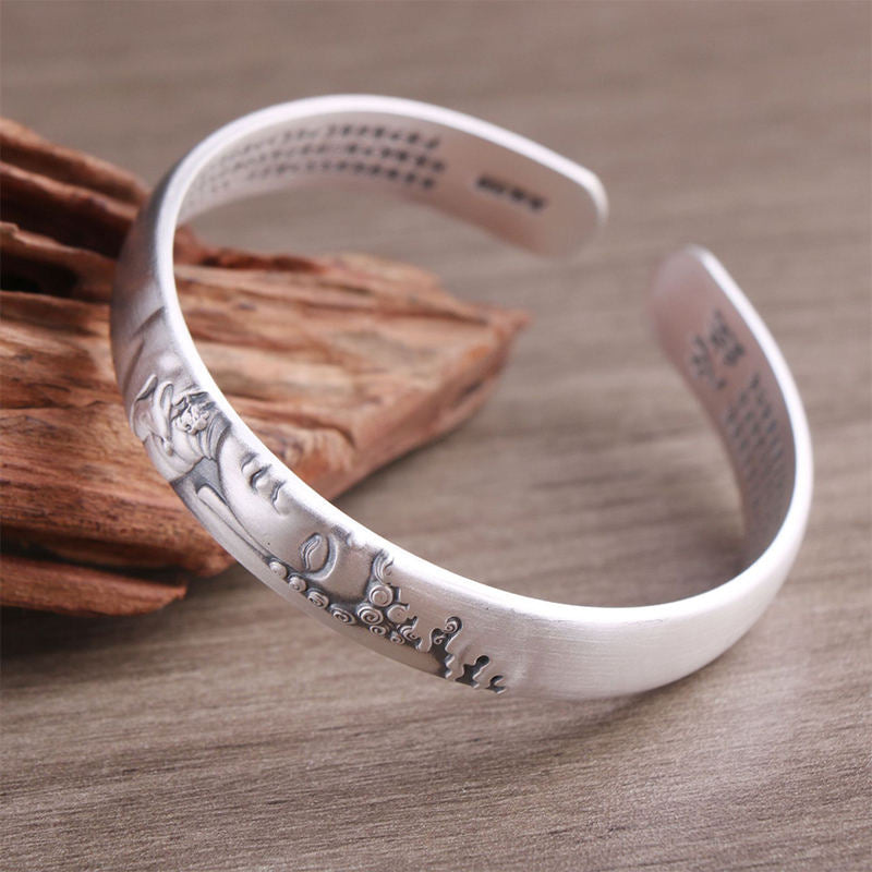 Buddha Stones 999 Srebro Sterling Głowa Buddy Serce Sutra Bransoletka Spokój