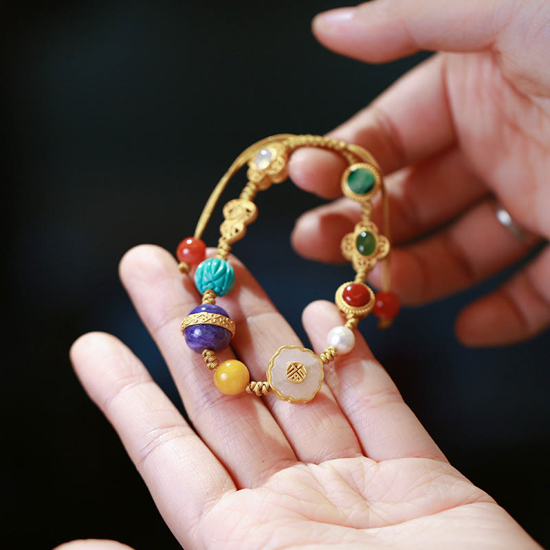 Bransoletka szczęścia z naturalnego srebra próby 925, jadeitu hetyjskiego, bursztynu i czerwonego agatu