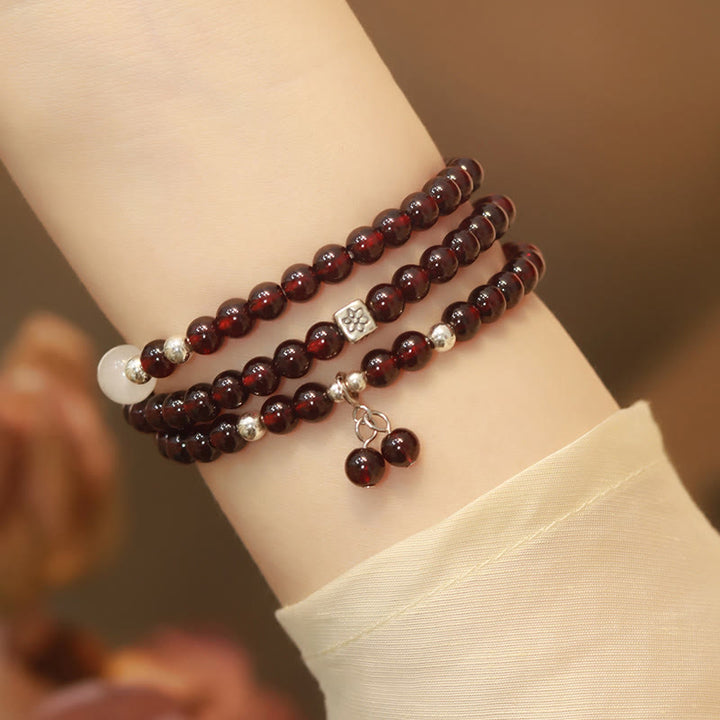 Bransoletka Buddha Stones 925 Sterling Silver Natural Garnet Cat Eye Protection Triple Wrap - 18 cm - image 1