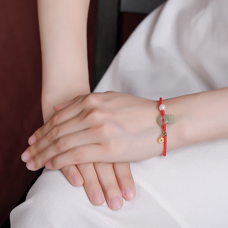 925 Srebro Sterling Rok Królika Hetian Jade Miedź Moneta Bogactwo Bransoletka z Czerwonego Sznurka