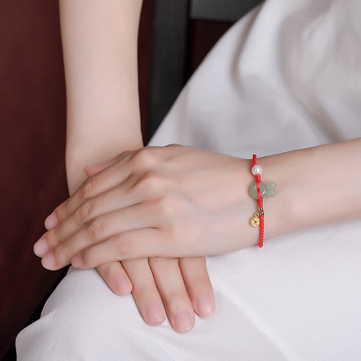 925 Srebro Sterling Rok Królika Hetian Jade Miedź Moneta Bogactwo Bransoletka z Czerwonego Sznurka