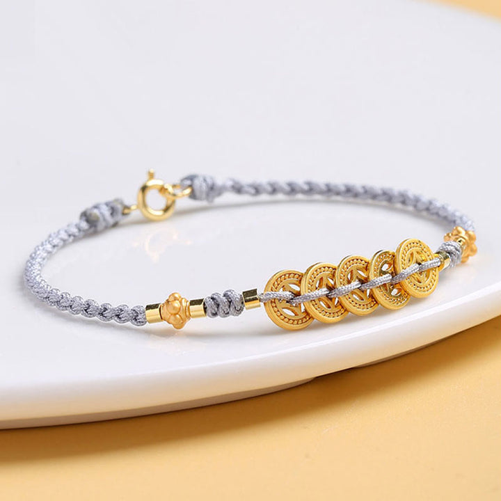 Buddha Stones Miedziana Moneta Drzewko Fortuny Perła Szczęścia Bransoletka Pleciona Niebieska Lina