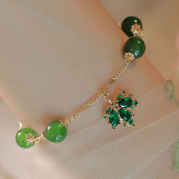 Bransoletka Buddha Stones 14k Gold Plated Green Chalcedon Maple Leaf Courage Strength