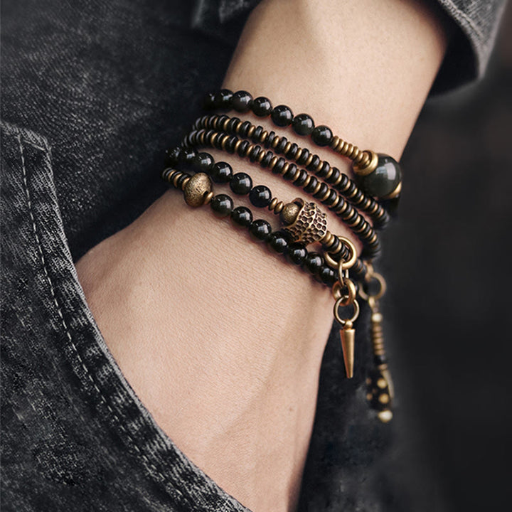 Bransoletka Buddha Stones Tęczowy Obsydian Drewno Hebanowe Miedź Pozytywna Wielowarstwowa