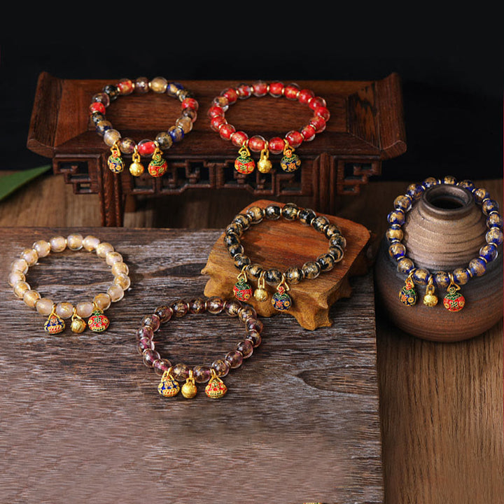 Buddha Stones Złoty Połykający Bestia Rodzina Charm Złota Srebrna Folia Liuli Szklane Koraliki Błogosławieństwa Bransoletka