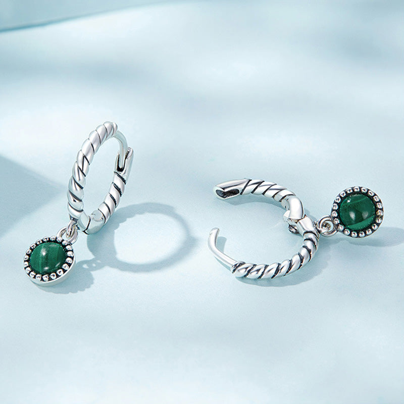 925 Srebrne okrągłe kolczyki z malachitu antylękowe