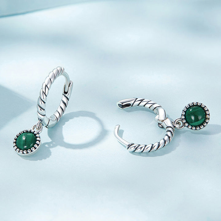 925 Srebrne okrągłe kolczyki z malachitu antylękowe