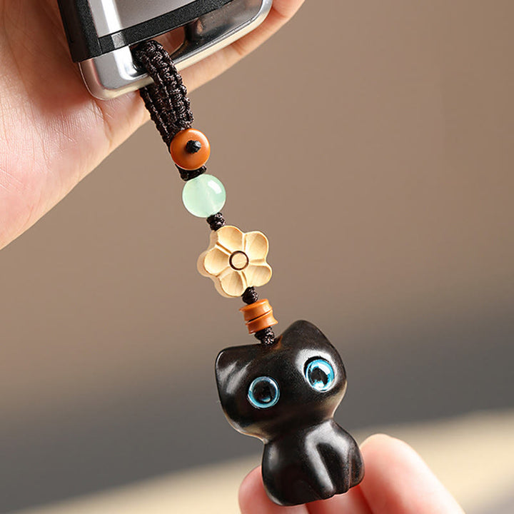 Buddha Stones Mini Mały Liść Czerwony Sandałowiec Drewno Hebanowe Szczęśliwy Kot Piękny Kotek Pokój Brelok Telefon Wiszący Dekoracja - image 6