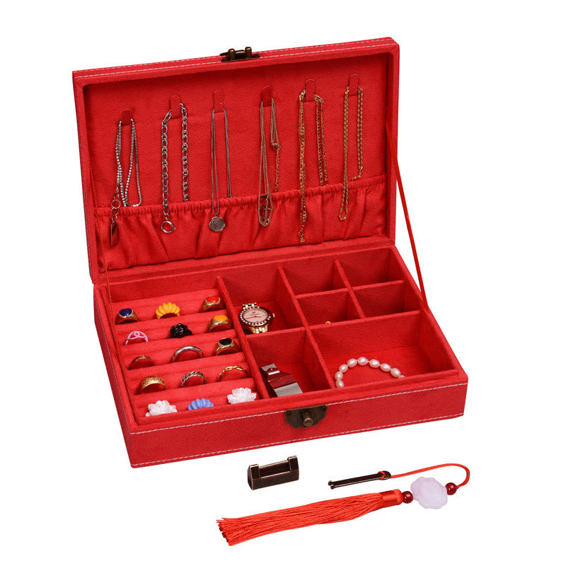 Buddha Stones Prosty Design Organizer na biżuterię Jednowarstwowy flanelowy organizer na biżuterię z zamkiem - Czerwony 28 cm * 19 cm * 6,5 cm - image 25