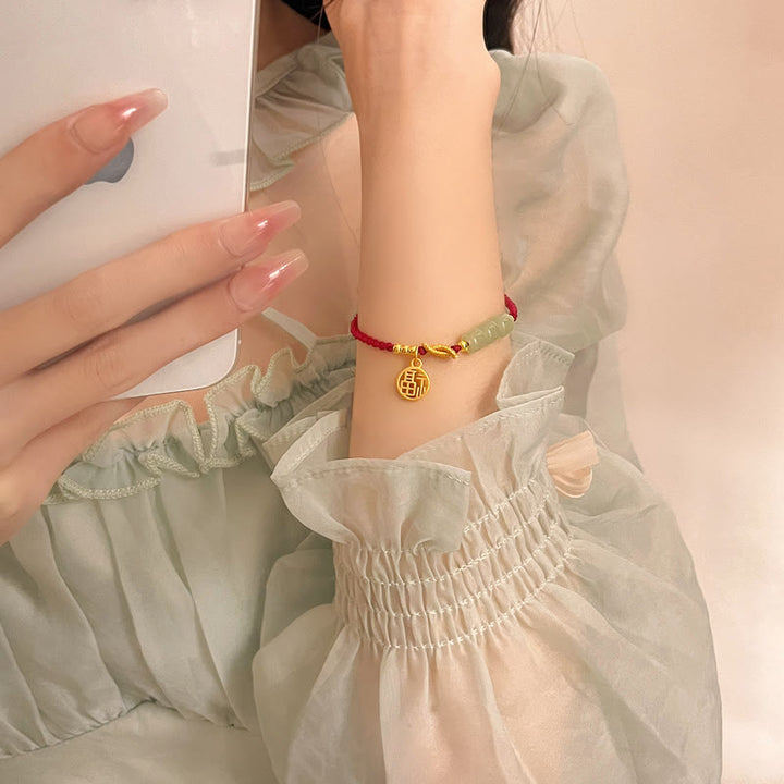 Buddha Stones ręcznie robione koraliki z jadeitu Fu Character Charm bransoletka z czerwoną liną