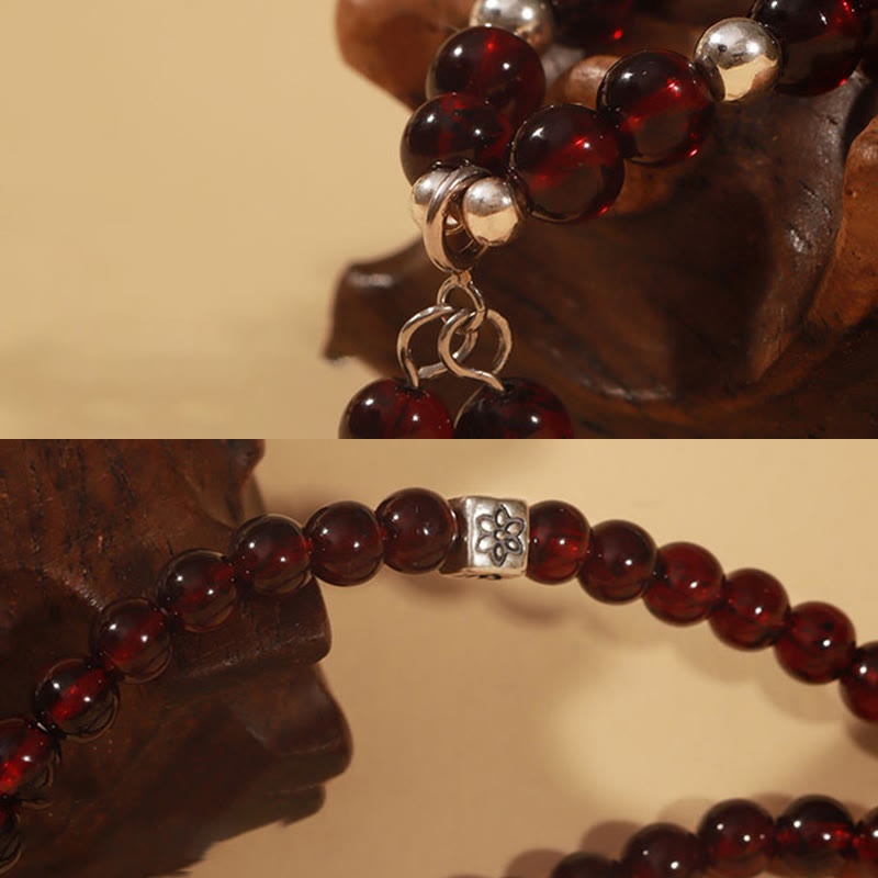 Bransoletka Buddha Stones 925 Sterling Silver Natural Garnet Cat Eye Protection Triple Wrap - image 5