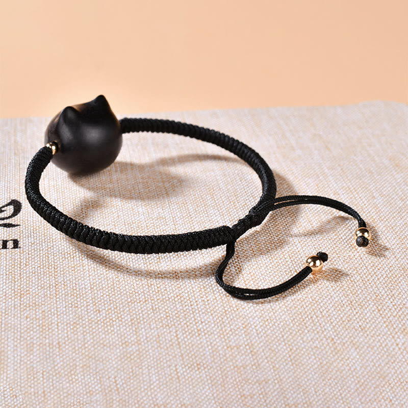 Buddha Stones Drewno Hebanowe Głowa Kota Wzór Pokoju King Kong Węzeł Bransoletka Pleciona - image 17