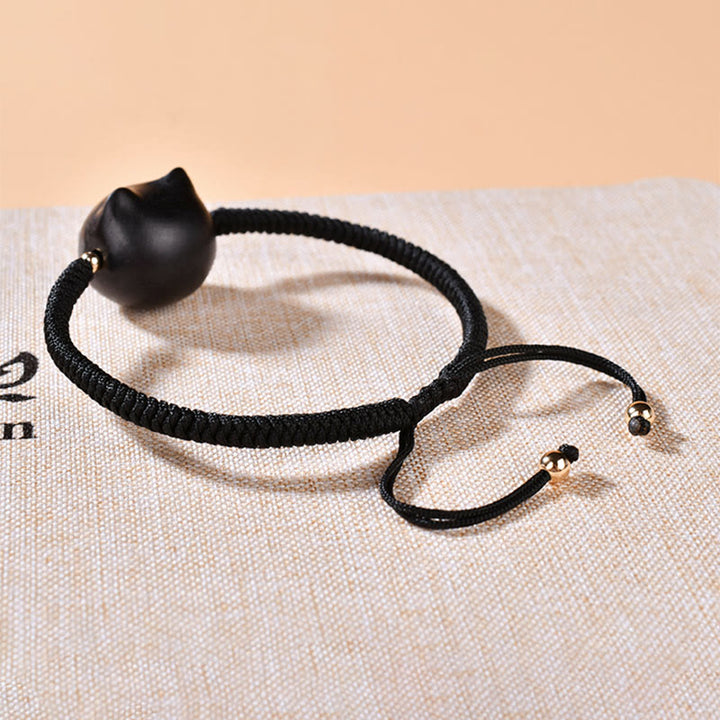 Buddha Stones Drewno Hebanowe Głowa Kota Wzór Pokoju King Kong Węzeł Bransoletka Pleciona - image 17