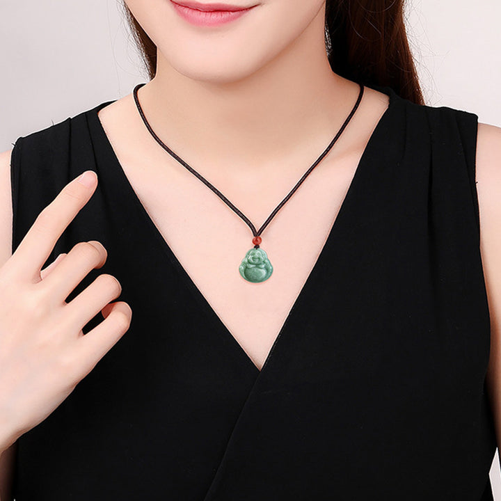 Buddha Stones Śmiejący się Budda Cyjan Jade Naszyjnik Sukcesu Wisiorek Sznurkowy - image 3