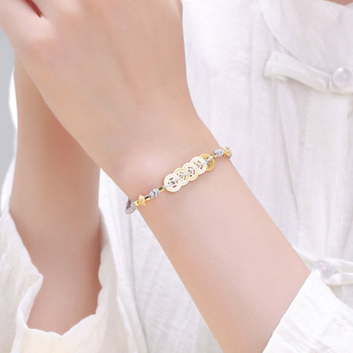 Buddha Stones Miedziana Moneta Drzewko Fortuny Perła Szczęścia Bransoletka Pleciona Niebieska Lina