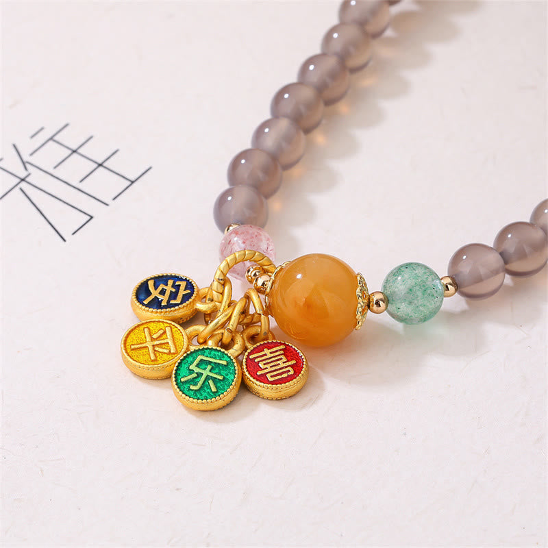 Bransoletka Buddha Stones Natural Grey Agat Peace And Joy Charm Balance Double Wrap