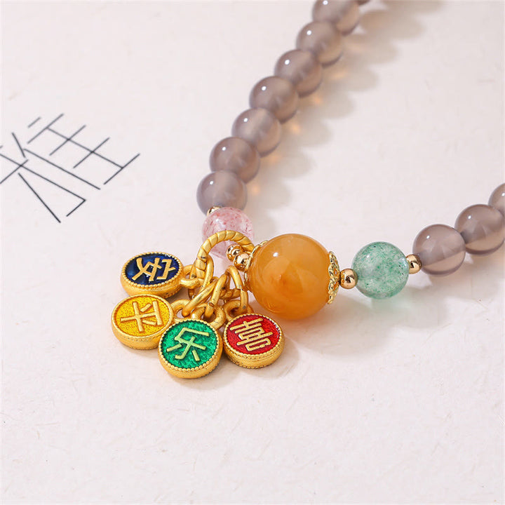 Bransoletka Buddha Stones Natural Grey Agat Peace And Joy Charm Balance Double Wrap