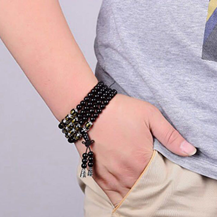 Bransoletka Mala z Buddha Stones Czarny Obsydian Sześć Prawdziwych Słów Ochronnych