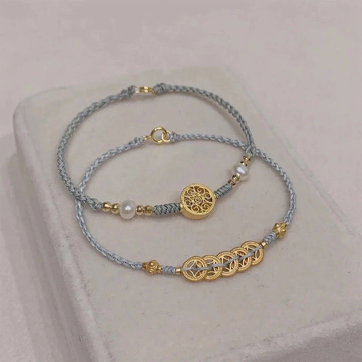Buddha Stones Miedziana Moneta Drzewko Fortuny Perła Szczęścia Bransoletka Pleciona Niebieska Lina